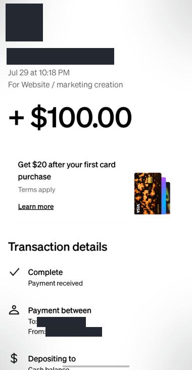 Masked Cash App receipt: inbound one hundred dollars from Brayden for website work