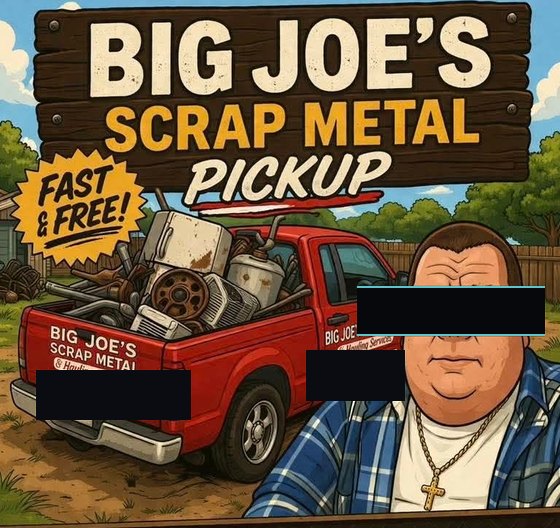 Cropped and masked flyer for Big Joe's Scrap Metal Pickup with eyes and phone numbers covered by solid bars