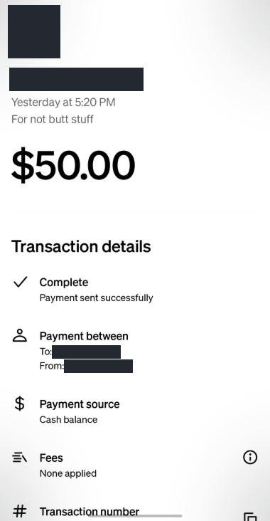 Masked Cash App receipt: fifty dollars sent onward for assistance and dinner