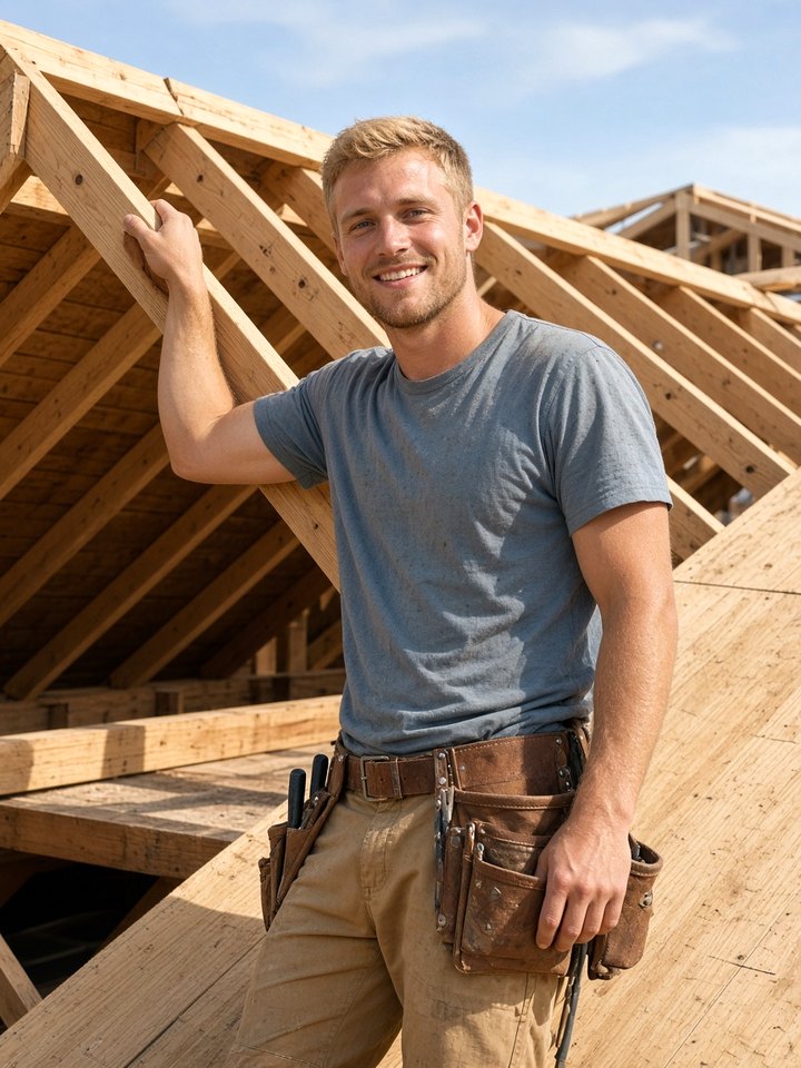 Illustrative portrait of Brayden, the young roofer, blonde hair, mid-twenties, framing a roof